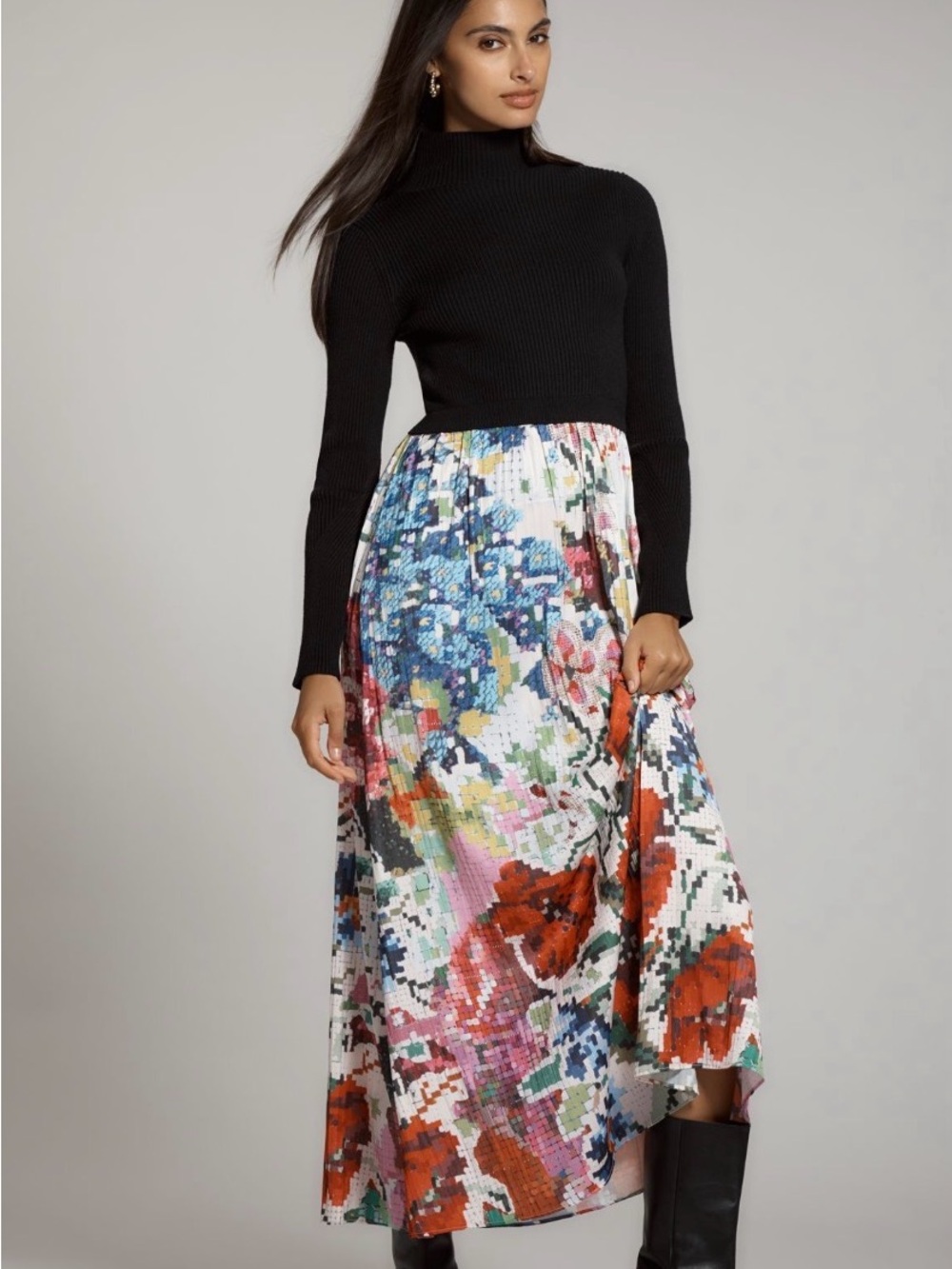 NWT Anthropologie Floral Pixel-Print Pleated Maxi twofer dress- Black Multicolor